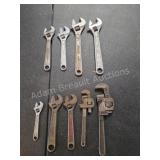 Nine Vintage Adjustable and Pipe WrenchesThis