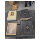 4 vintage Holy Bibles and Jesus print
