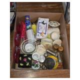 KITCHEN COLLECTIBLES AND MISC LOT IN CARDBOARD