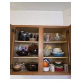 KITCHEN CABINET LOT WITH PYREX CORNINGWARE AND