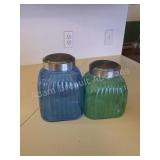 VINTAGE BLUE AND GREEN RIBBED GLASS STORAGE JARS