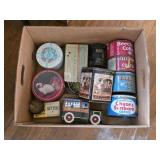 VINTAGE ADVERTISING TIN LOT IN CARDBOARD