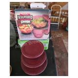 VINTAGE PYREX RIBBED MIXING BOWLS WITH BURGUNDY