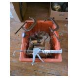 VINTAGE TOOL LOT IN ORANGE PLASTIC BIN WITH C-