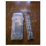 CHRISTMAS DECOR STORAGE BIN AND ROLLS OF WRAPPING