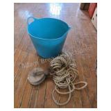 TURQUOISE PLASTIC BUCKET WITH ROPE AND WOODEN
