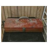 Vintage Red Metal Toolbox w/ Tools. Classic red