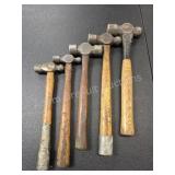 Five assorted wood handled ball peen hammers