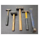 Four assorted hammers, mallet, pry bar