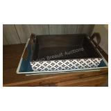 Teal Patterned Serving Tray Leather Handles