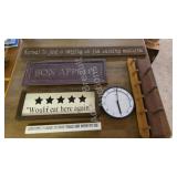 Miscellaneous wall decor, coat hooks, clock, etc.