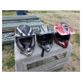 3 assorted motorcycle helmets, one Large, unable