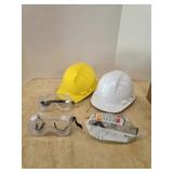 Box lot hard hats and safety goggles