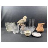 Owl Figurine, Crystal Dishes, Vases