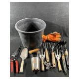 Bucket with Garden tools and gloves
