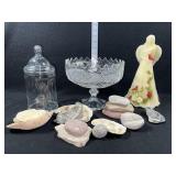 Footed Crystal Dish, LED Angel Candle, Shells