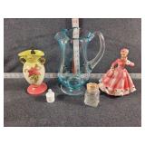 Ceramic Figurine, Blue Glass Vase, etc