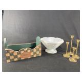Milk Glass Fruit bowl, Brass Candle Sticks