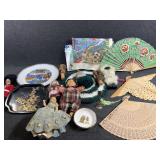 Wine bottle corks, fans, dolls, plate and more