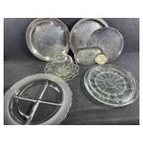 Silver plated, and glass serving trays