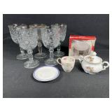 Gold rimmed glasses, coaster set, & more