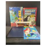 Atlas, coloring book, animal book, shelf, and