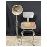 Metal Shop Chair and Light on Tri Pod