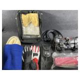 Motorcycle riding gloves, saddlebags,