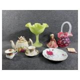 Fenton cranberry opalescfent heart optic basket