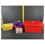 Red storage bin, Baskets, Sidewalk Chalk