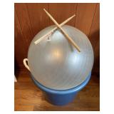 Plastic Bin, Excerise Ball and Drum Sticks