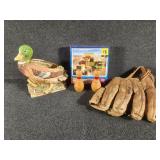 Ceramic duck, vintage baseball gloves and more