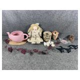 Antique doll, clay decor, pink pot, metal decor