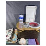 Picnic basket, table cloths, cloths, utensils,