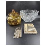 Cut Glass Bowl, Amber Jar with Lid, Nutcracker Set