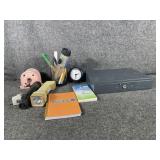 Office supplies, lock box, flash lights & clock