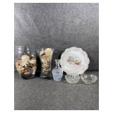 Glass vase decor, vintage decanter, bowls & plate