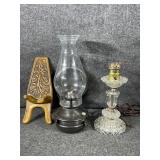 Antique oil lamp, electric lamp & wood decor