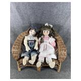 Vintage porcelain and hand stitched dolls w/bench
