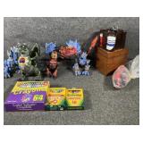 Dinosaur toys, crayons, checker holder & pieces
