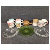 Assorted Mugs, Glass Plates, Green Glass Plate