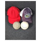 (2) Baseballs, (2) Ball Caps
