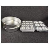 (2) Layer Cake Pans, Aluminum Muffin Pans