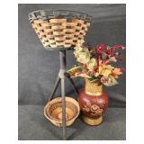 Wicker Plant Stand, Vase w/ Flowers, Bowls