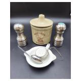 Small Crock, Salt / Pepper Shaker, Tea Dispenser