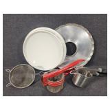 Potato Ricer(2), Vintage Cupped Enamel Pan, and