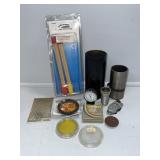 Various Camera Lenses, Bamboo Print Tongs, and