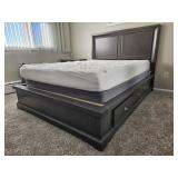 Grey Wooden Bed Frame with Queen Sized Mattress