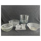 Crystal lidded sugar and creamer set with a tray,
