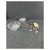 Glass rose jewelry dish, Assorted earrings